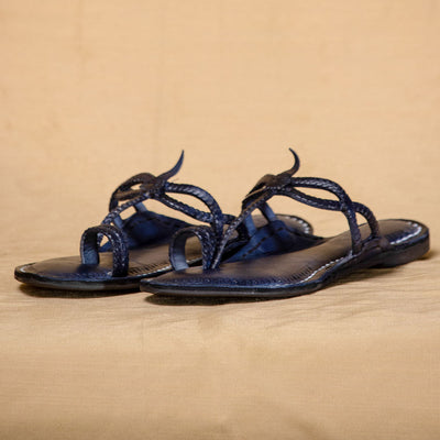 Arthur Navy Blue - Women Chic Palette: Classic Kolhapuri Leather Slippers