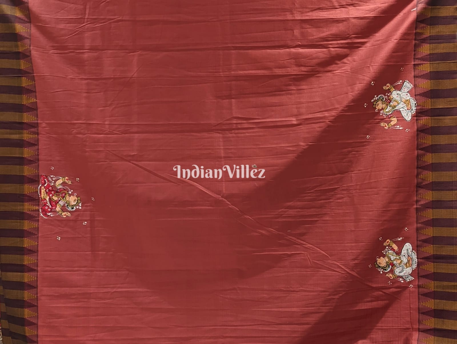 Brick Red Kandarpa Hati (Elephant) Hand-Painted Pattachitra Saree