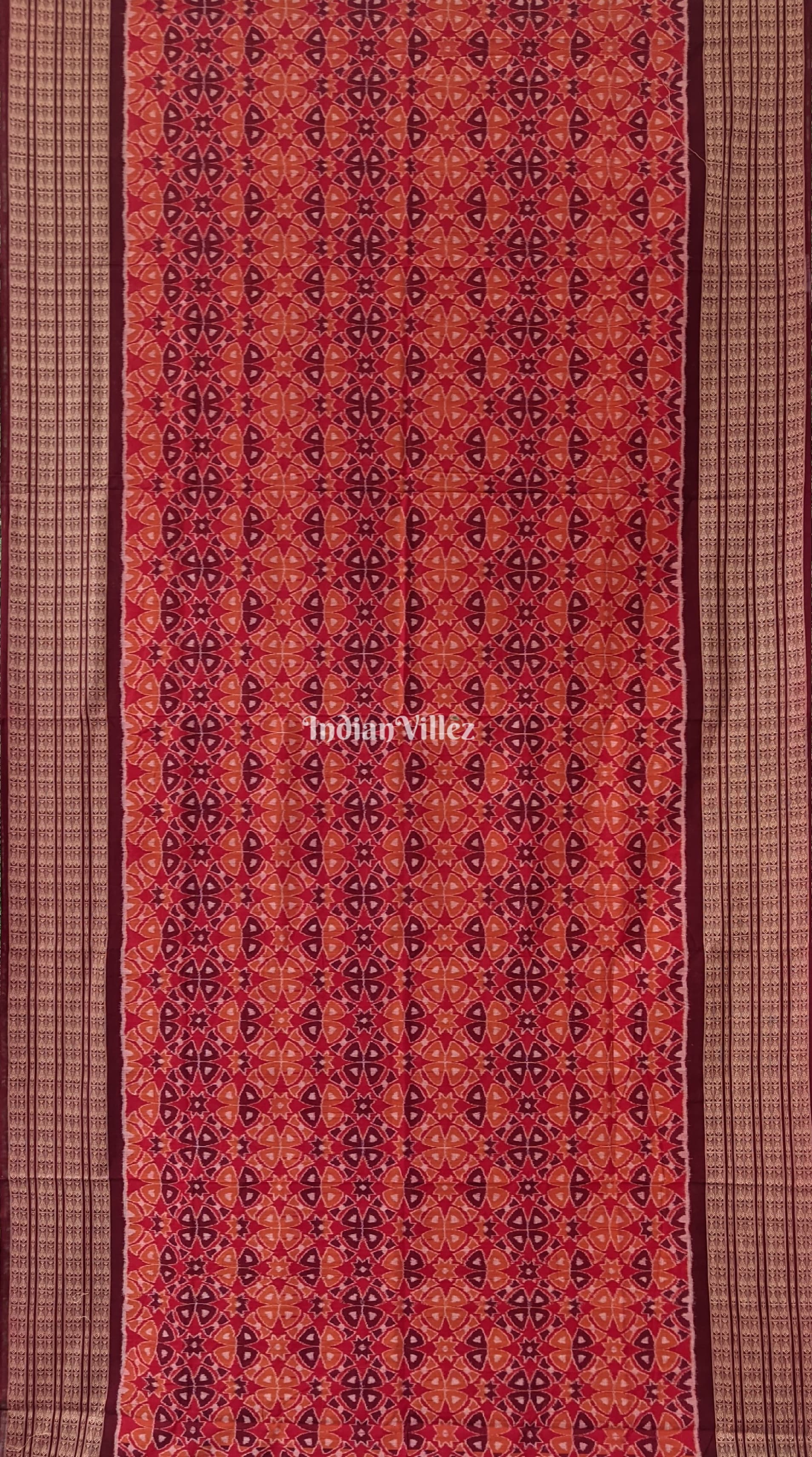Brick Red Base Flower Design Sambalpuri Pure Cotton Saree