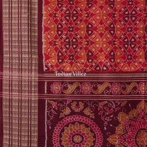Brick Red Base Flower Design Sambalpuri Pure Cotton Saree