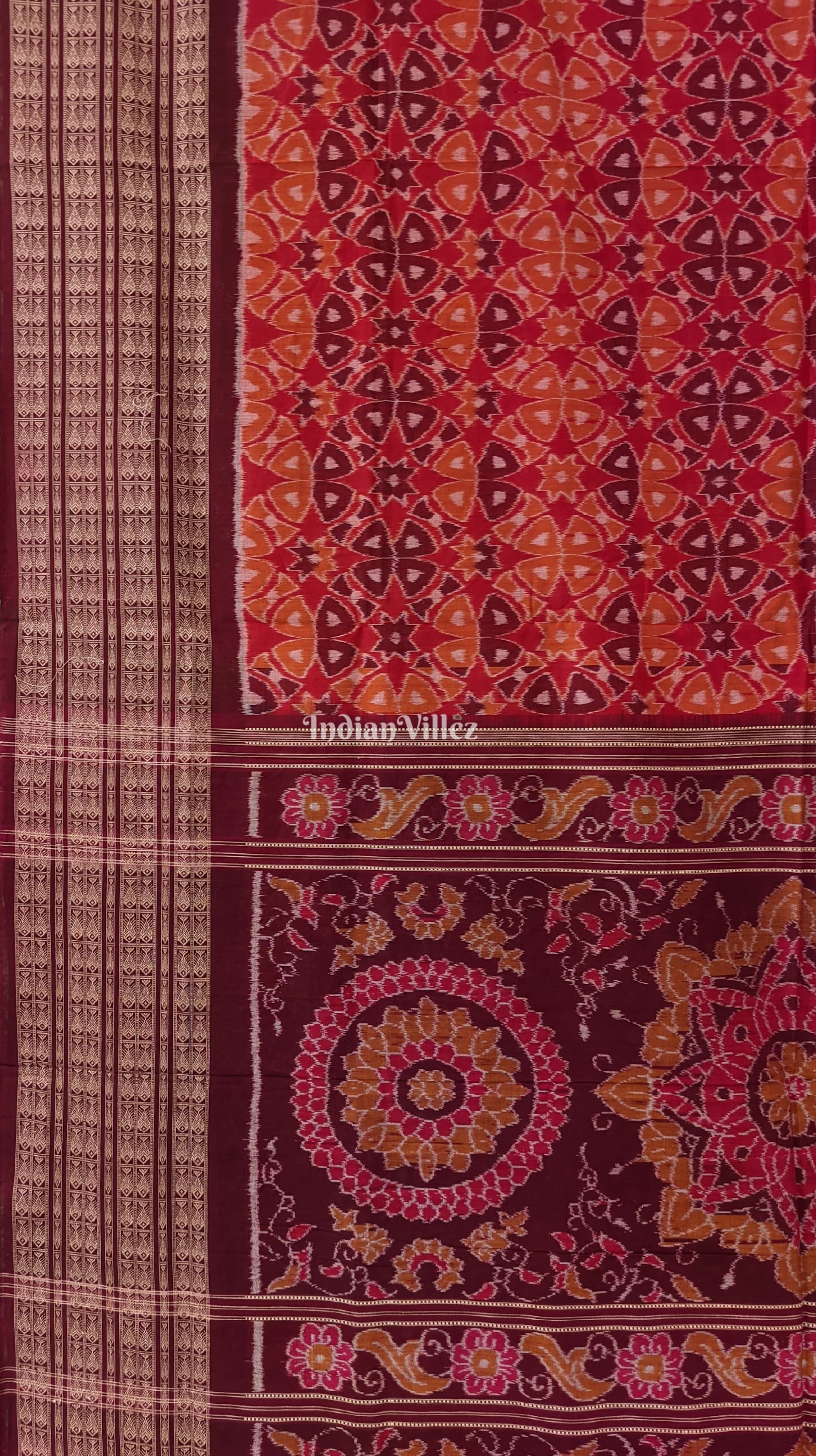 Brick Red Base Flower Design Sambalpuri Pure Cotton Saree