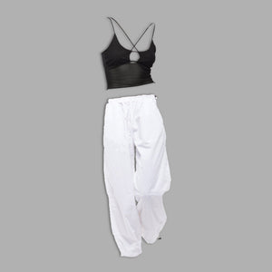 Black Mesh Top & White Parachute Pants Set