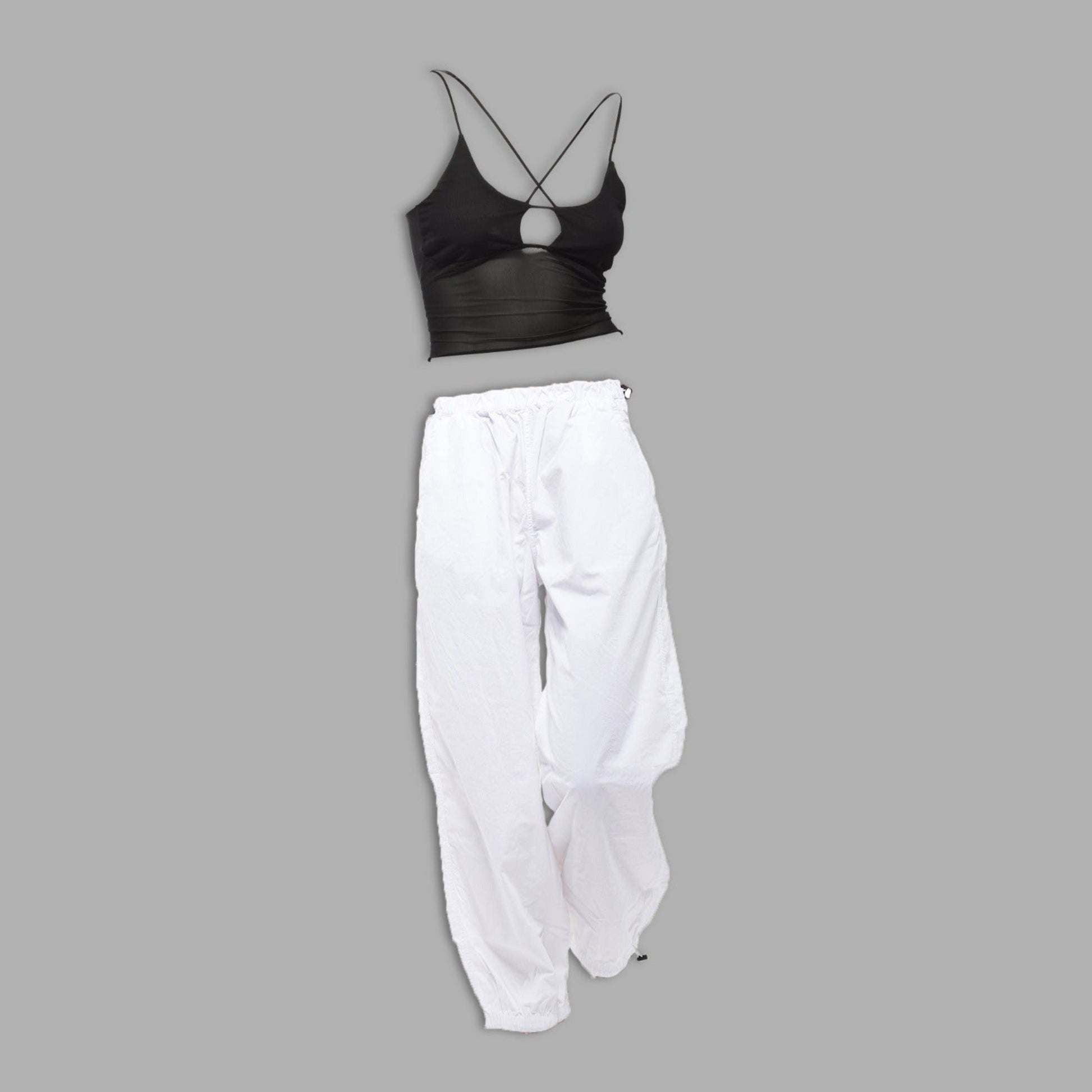 Black Mesh Top & White Parachute Pants Set