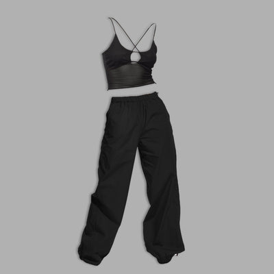 Mesh top and Black parachute pant set