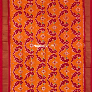 Orange Red Parrot theme Pochampally Ikat Silk Saree