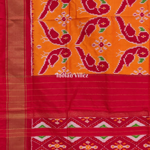 Orange Red Parrot theme Pochampally Ikat Silk Saree