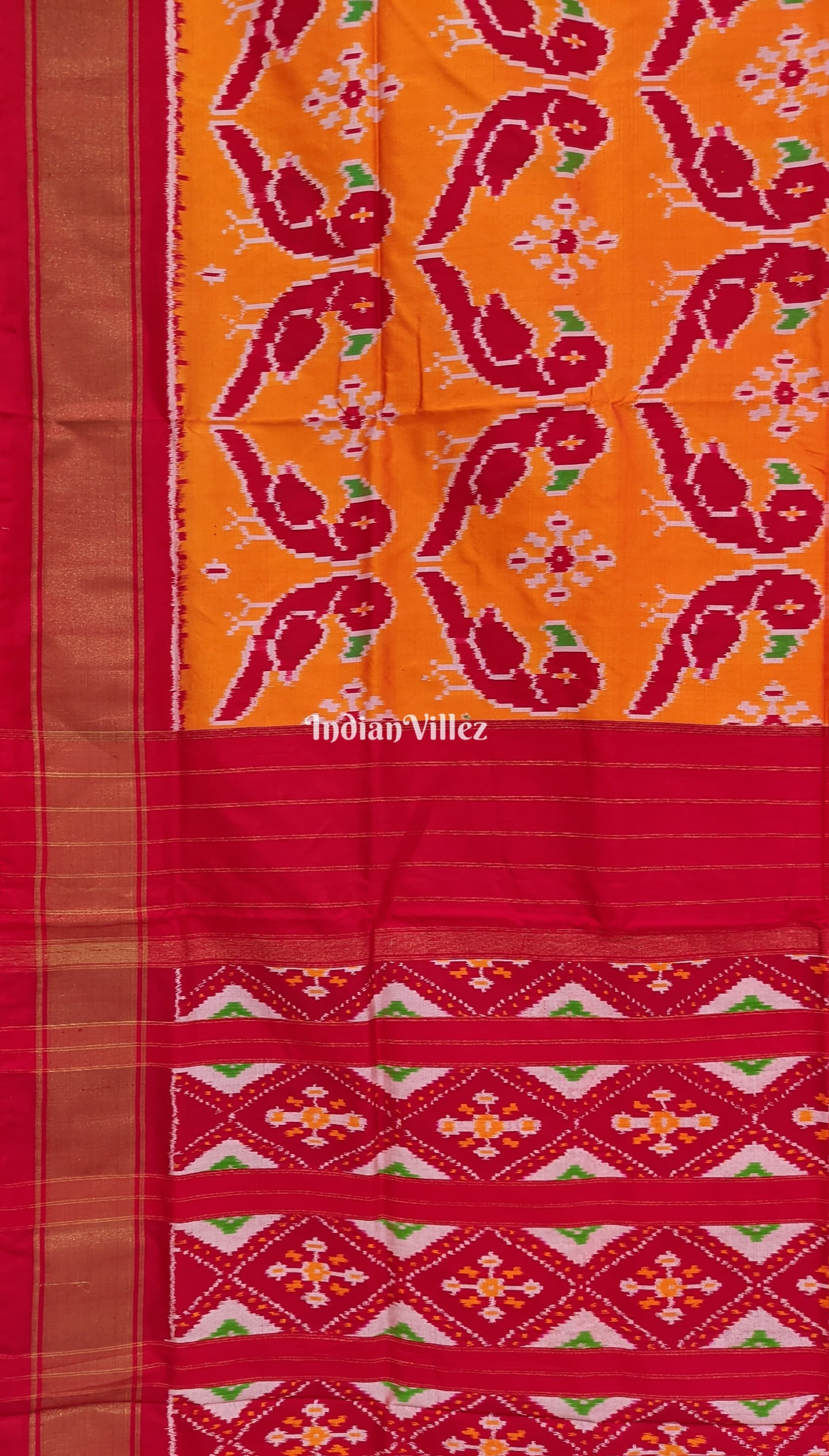 Orange Red Parrot theme Pochampally Ikat Silk Saree