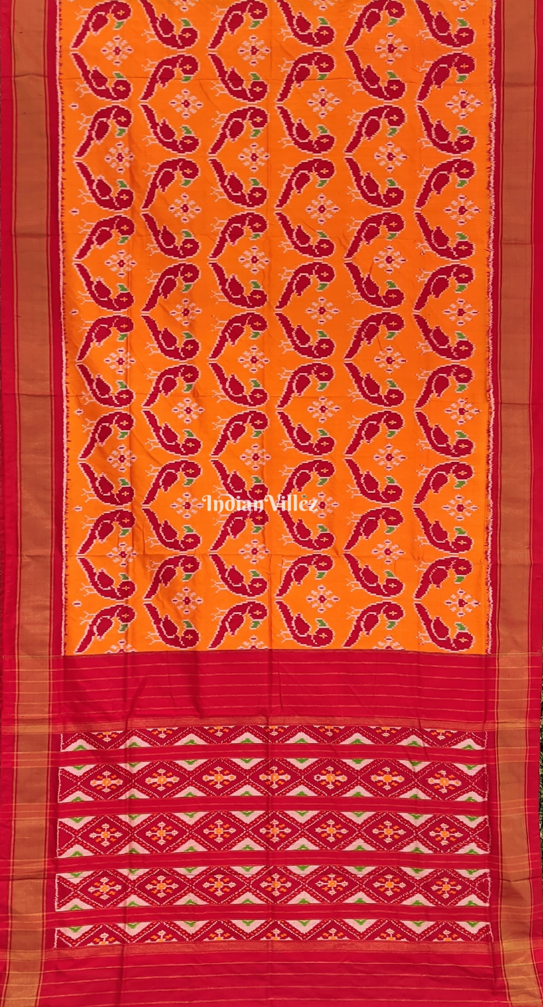 Orange Red Parrot theme Pochampally Ikat Silk Saree