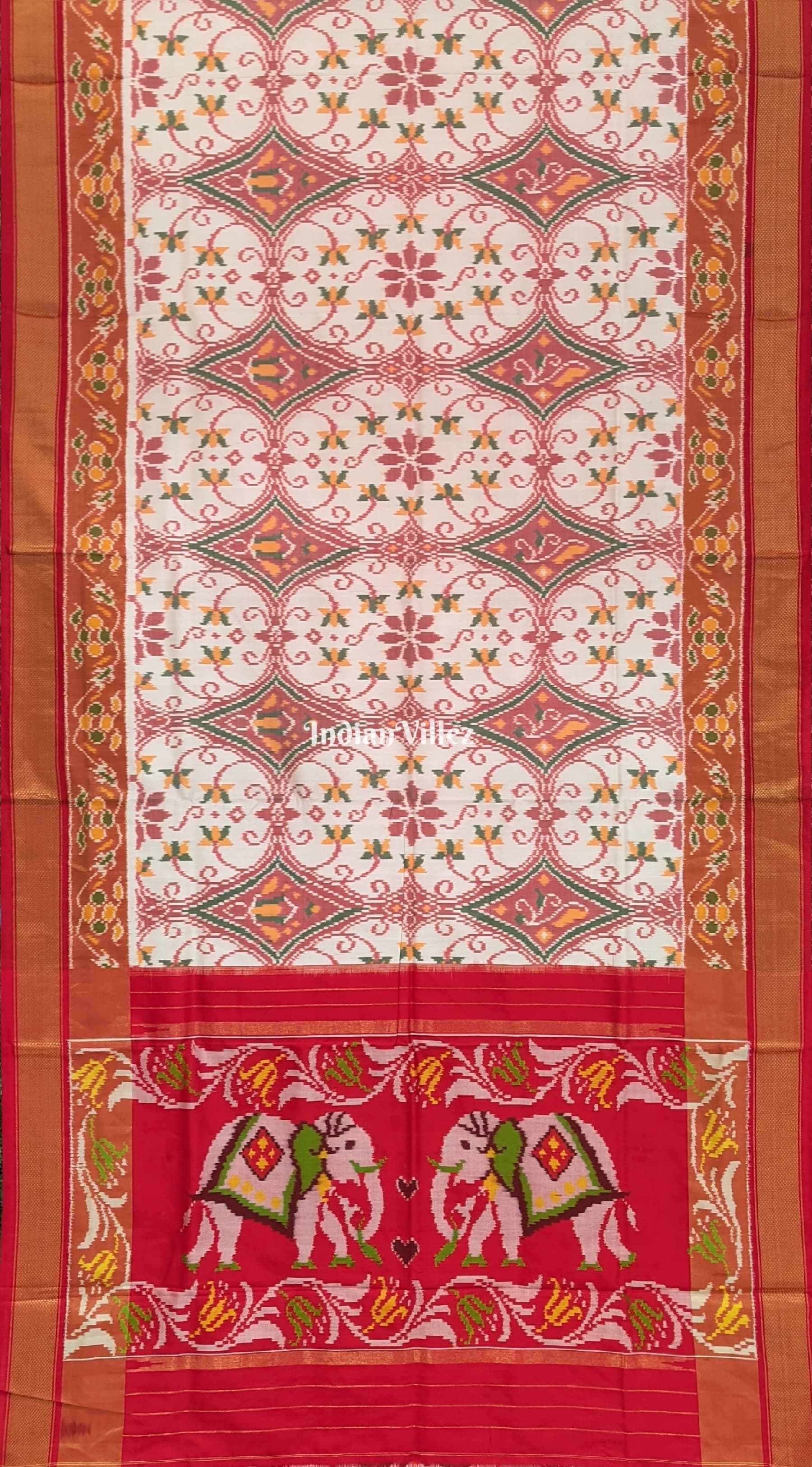 Multicoloured Design Pochampally Ikat Silk Saree with Elephant Anchal