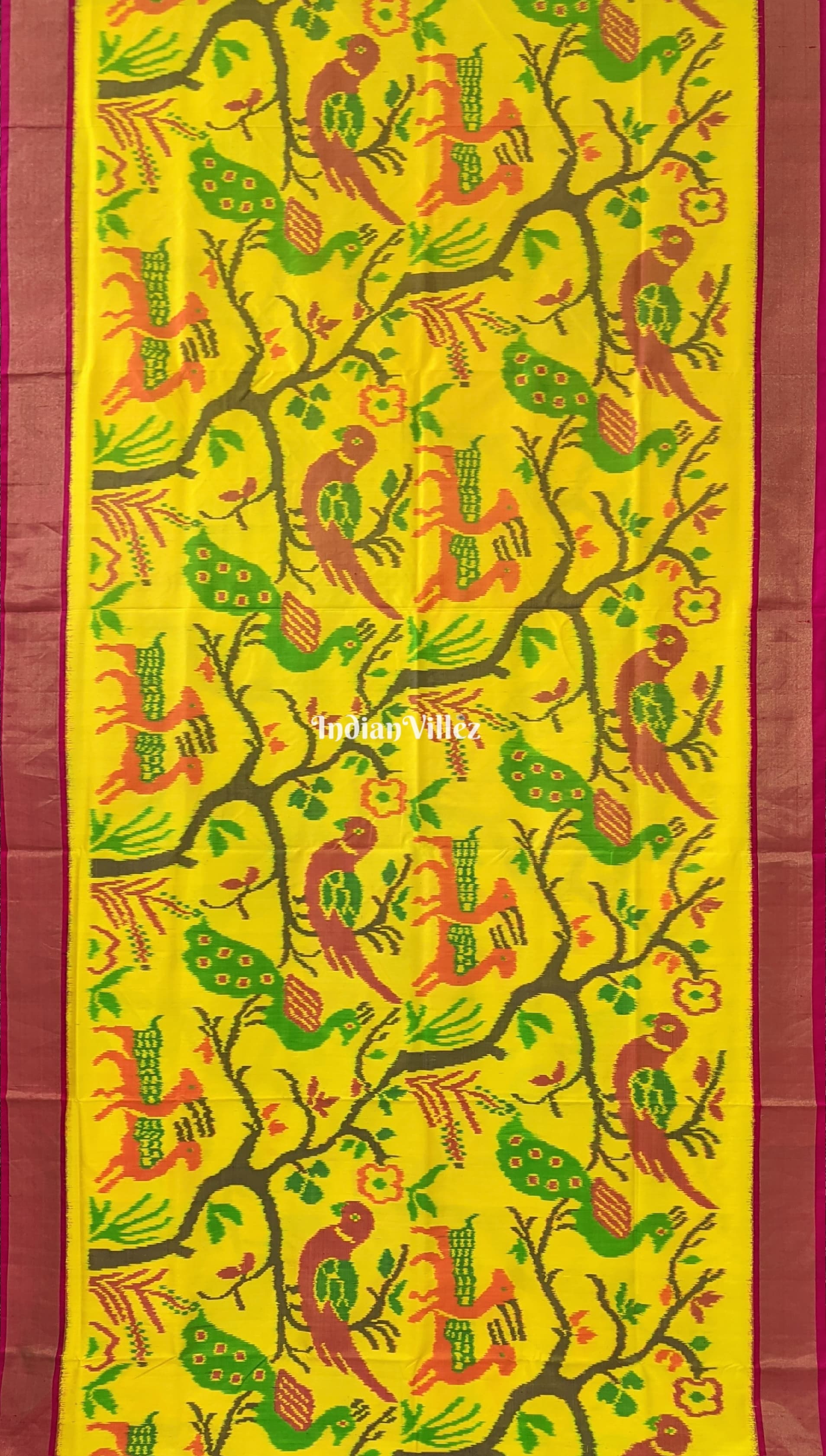 Yellow Red parrot Design Pochampally Ikat Silk Saree
