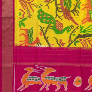 Yellow Red parrot Design Pochampally Ikat Silk Saree