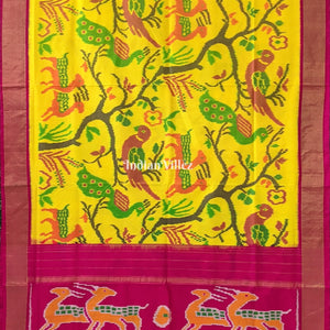 Yellow Red parrot Design Pochampally Ikat Silk Saree