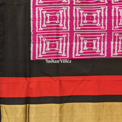 Dark Pink with Black Border Pochampally Ikat Silk Saree