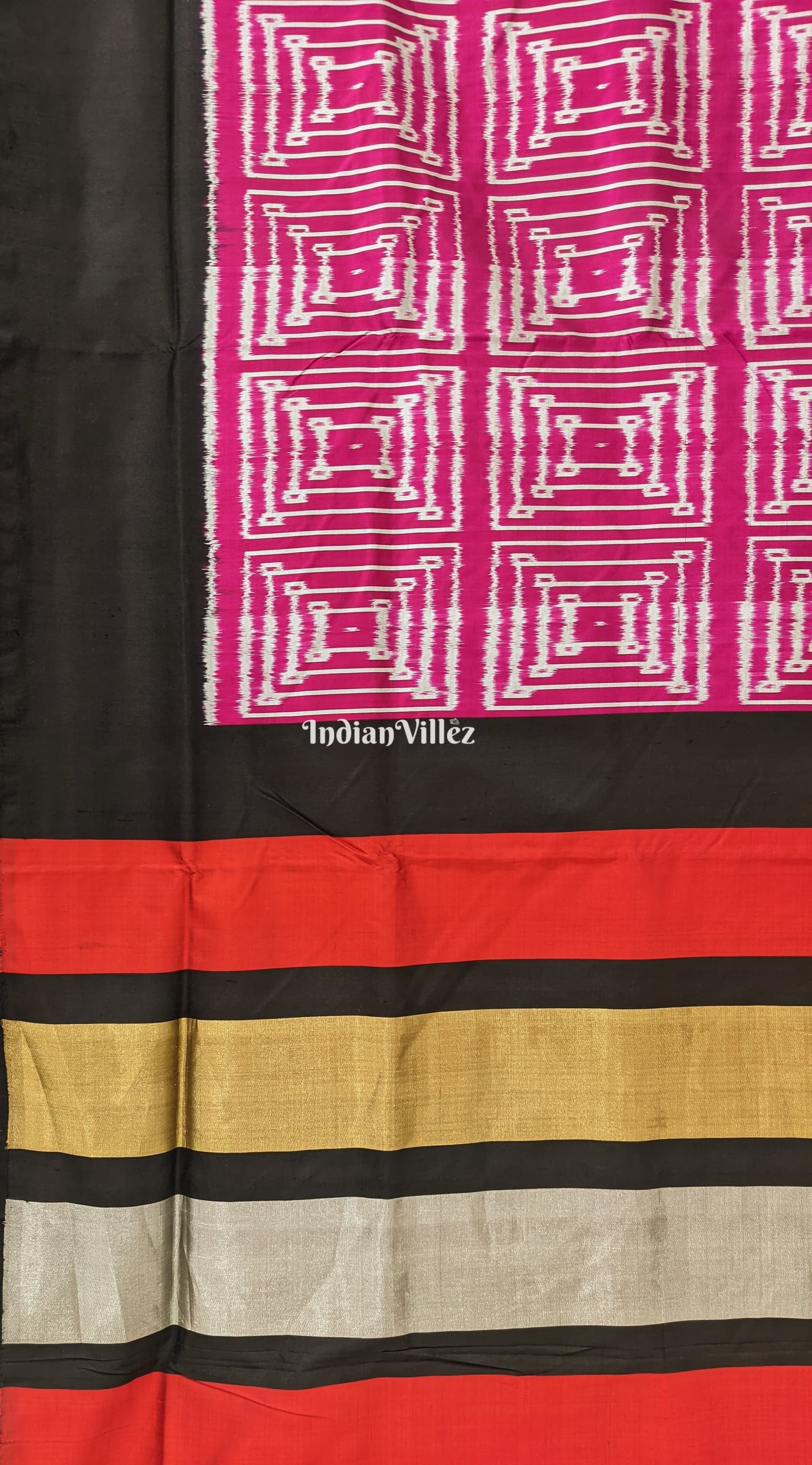 Dark Pink with Black Border Pochampally Ikat Silk Saree