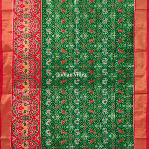 Red Green Elephant Design Pochampally Ikat Silk Saree