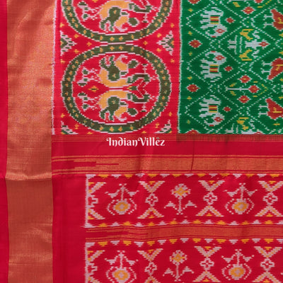 Red Green Elephant Design Pochampally Ikat Silk Saree