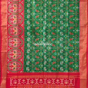 Red Green Elephant Design Pochampally Ikat Silk Saree