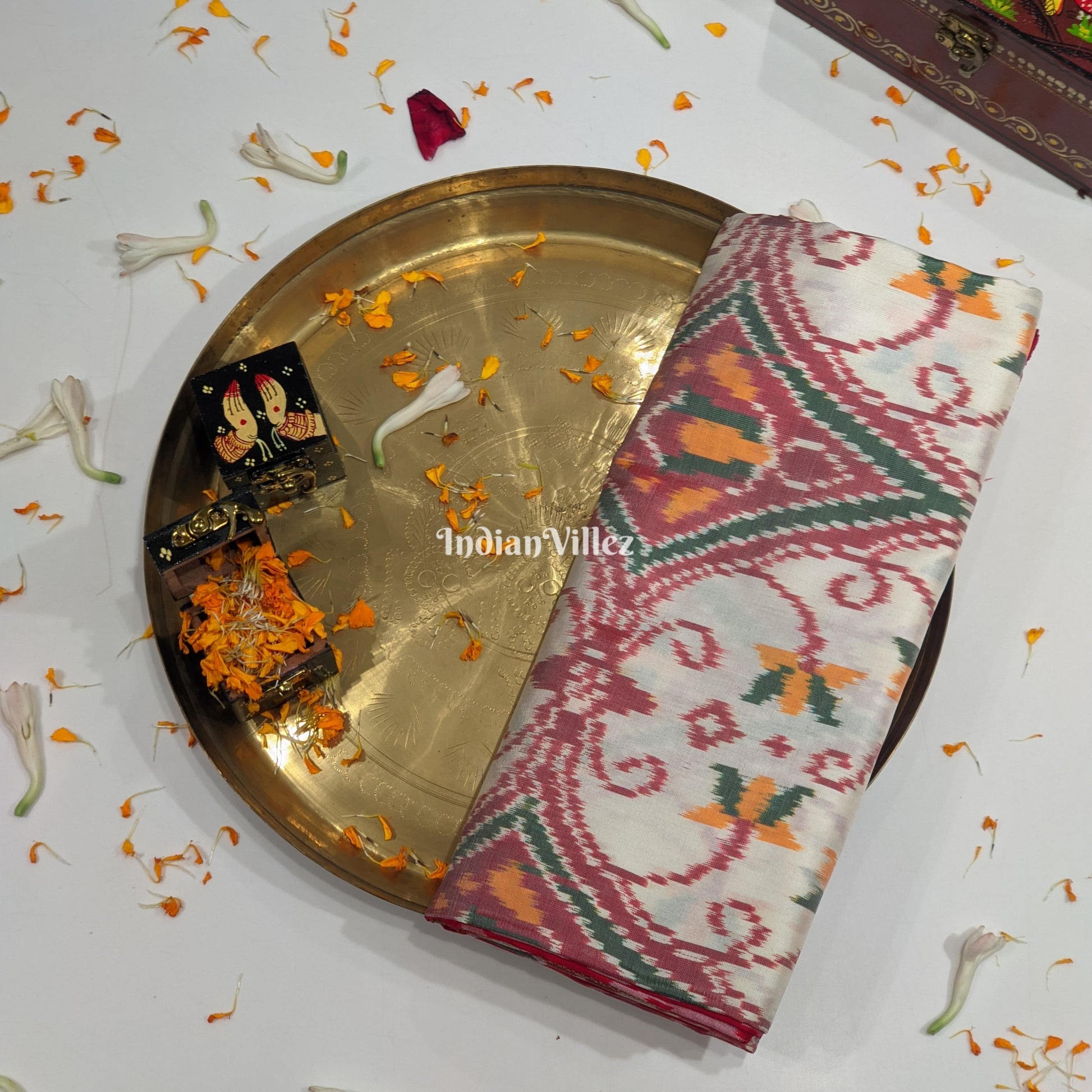 Multicoloured Design Pochampally Ikat Silk Saree with Elephant Anchal