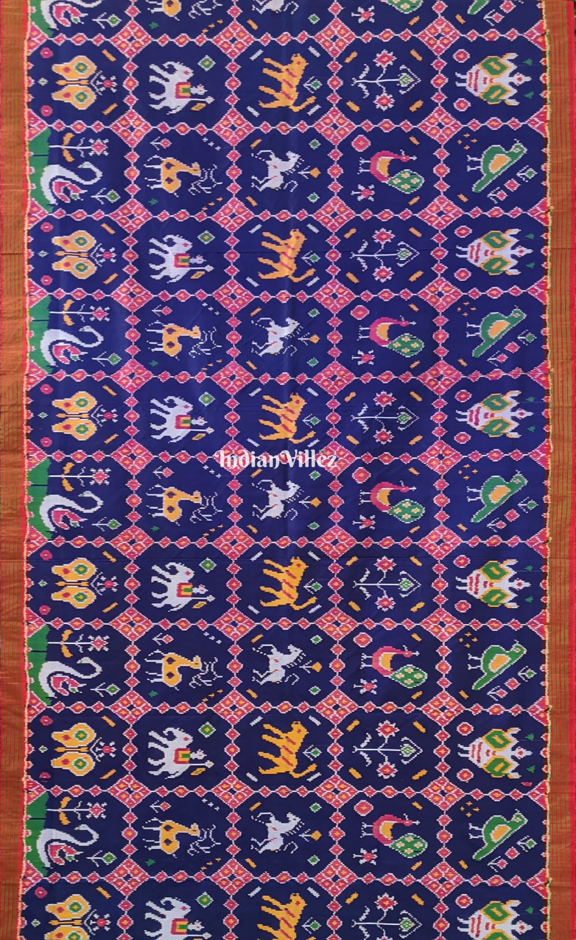 Blue Colour With Jungle Animals Theme Pochampally Ikat Silk Saree