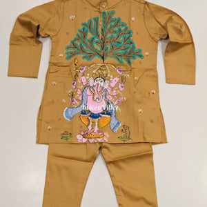 Saffron Yellow  Boys Ganesh Theme Pattachitra Kids Kurta & Pyjama Set