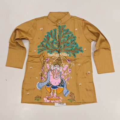 Saffron Yellow  Boys Ganesh Theme Pattachitra Kids Kurta & Pyjama Set
