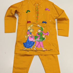 Yellow  Boys Nartaki Theme Pattachitra Kids Kurta & Pyjama Set