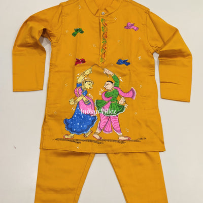 Yellow  Boys Nartaki Theme Pattachitra Kids Kurta & Pyjama Set