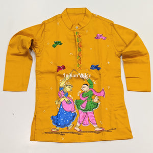 Yellow  Boys Nartaki Theme Pattachitra Kids Kurta & Pyjama Set