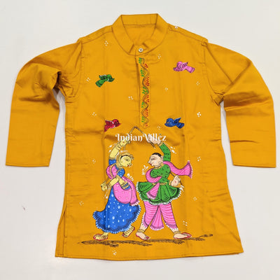 Yellow  Boys Nartaki Theme Pattachitra Kids Kurta & Pyjama Set