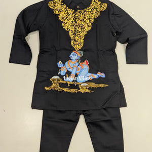 Black Boys Krishna Theme Pattachitra Kids Kurta & Pyjama Set