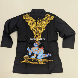 Black Boys Krishna Theme Pattachitra Kids Kurta & Pyjama Set