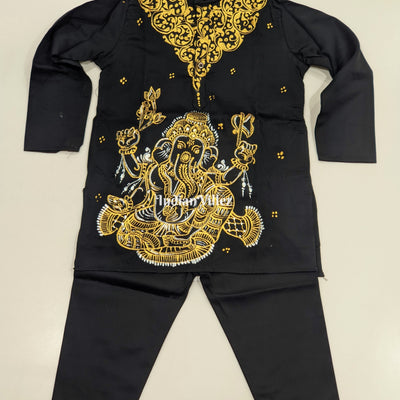 Black Boys Ganesh Theme Pattachitra Kids Kurta & Pyjama Set