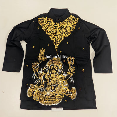Black Boys Ganesh Theme Pattachitra Kids Kurta & Pyjama Set