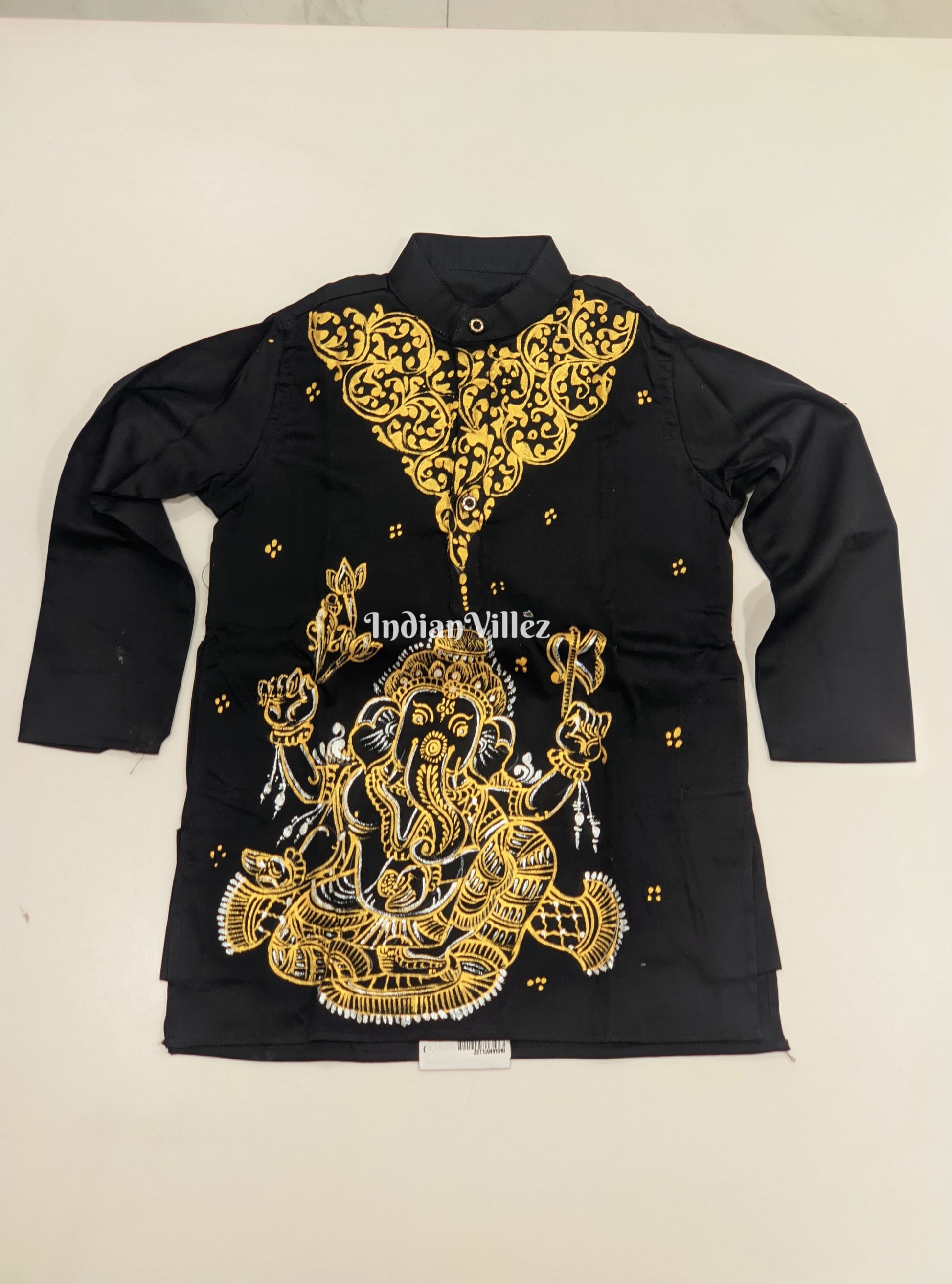 Black Boys Ganesh Theme Pattachitra Kids Kurta & Pyjama Set