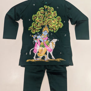 Green Boys Krishna in Venugopal Theme Pattachitra Kids Kurta & Pyjama Set
