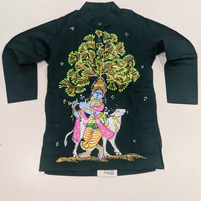 Green Boys Krishna in Venugopal Theme Pattachitra Kids Kurta & Pyjama Set