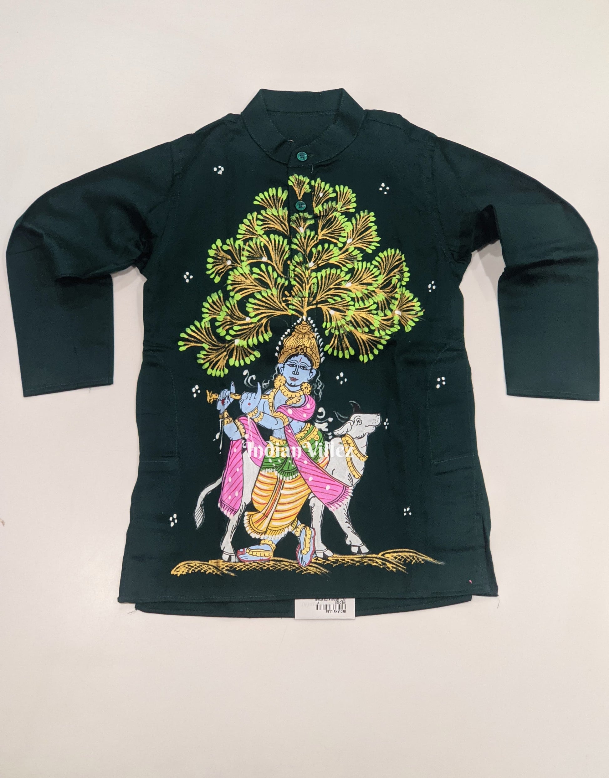 Green Boys Krishna in Venugopal Theme Pattachitra Kids Kurta & Pyjama Set