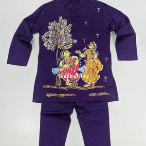 Dark Purple Boys Nartaki Theme Pattachitra Kids Kurta & Pyjama Set