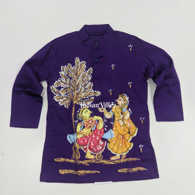 Dark Purple Boys Nartaki Theme Pattachitra Kids Kurta & Pyjama Set