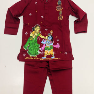 Maroon Boys Krishna Yashoda Theme Pattachitra Kids Kurta & Pyjama Set