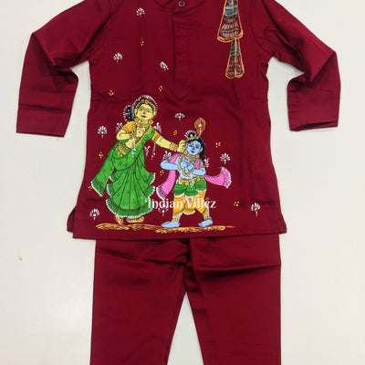 Maroon Boys Krishna Yashoda Theme Pattachitra Kids Kurta & Pyjama Set