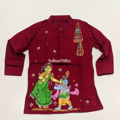 Maroon Boys Krishna Yashoda Theme Pattachitra Kids Kurta & Pyjama Set