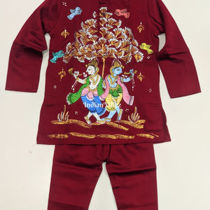 Cherry Red Boys Nartaki Theme Pattachitra Kids Kurta & Pyjama Set