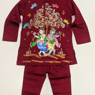 Cherry Red Boys Nartaki Theme Pattachitra Kids Kurta & Pyjama Set