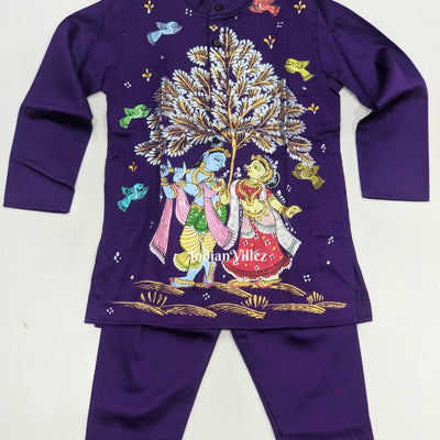 Dark Purple Boys Radha Krishna Theme Pattachitra Kids Kurta & Pyjama Set