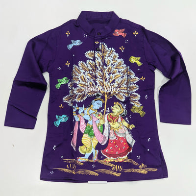 Dark Purple Boys Radha Krishna Theme Pattachitra Kids Kurta & Pyjama Set
