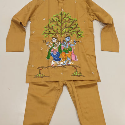 Saffron Yellow  Boys Nartaki Theme Pattachitra Kids Kurta & Pyjama Set