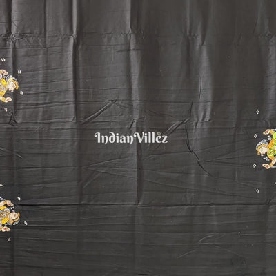 Black Ramayana Theme Hand-Painted Pattachitra Saree (Pre Order)