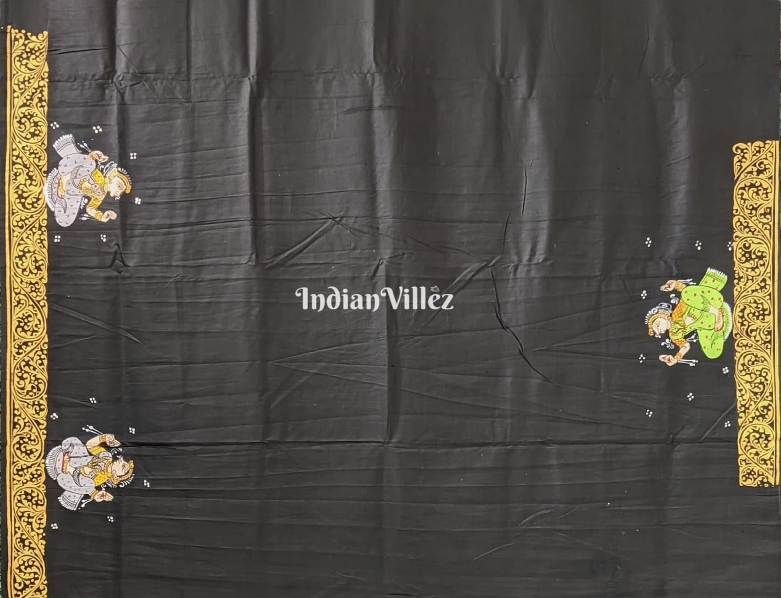 Black Ramayana Theme Hand-Painted Pattachitra Saree (Pre Order)