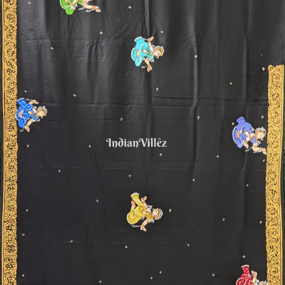 Black Ramayana Theme Hand-Painted Pattachitra Saree (Pre Order)
